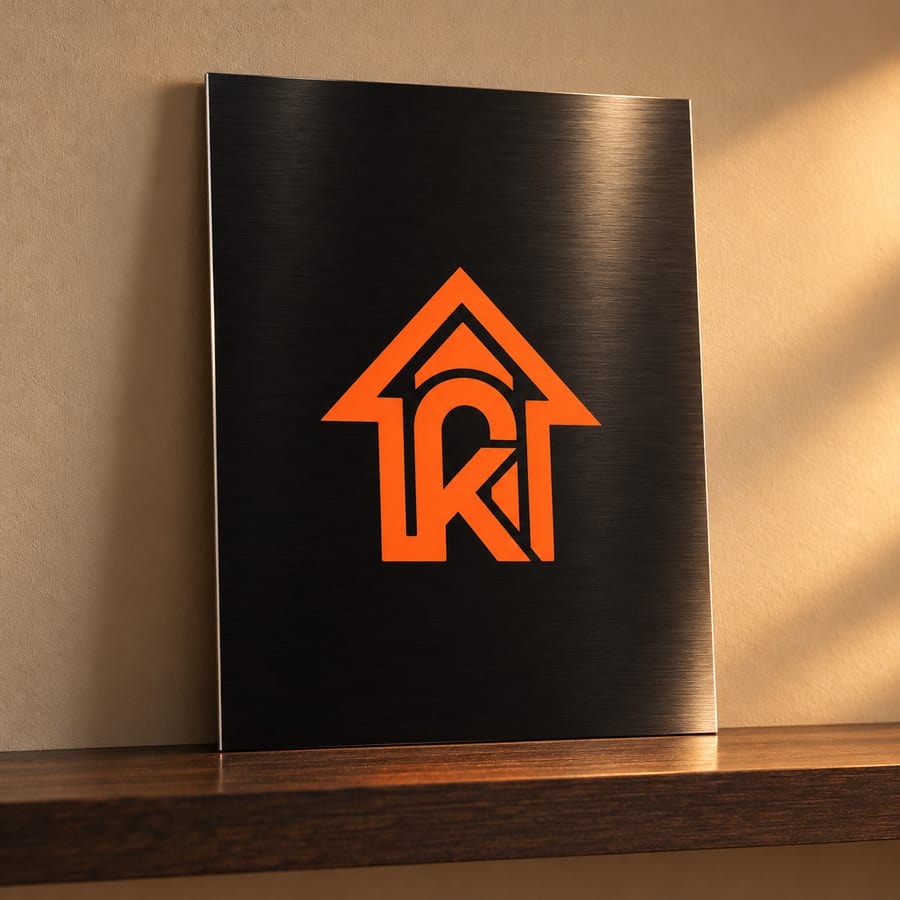 Cuadro de metal negro con el logo de Kronven en naranja