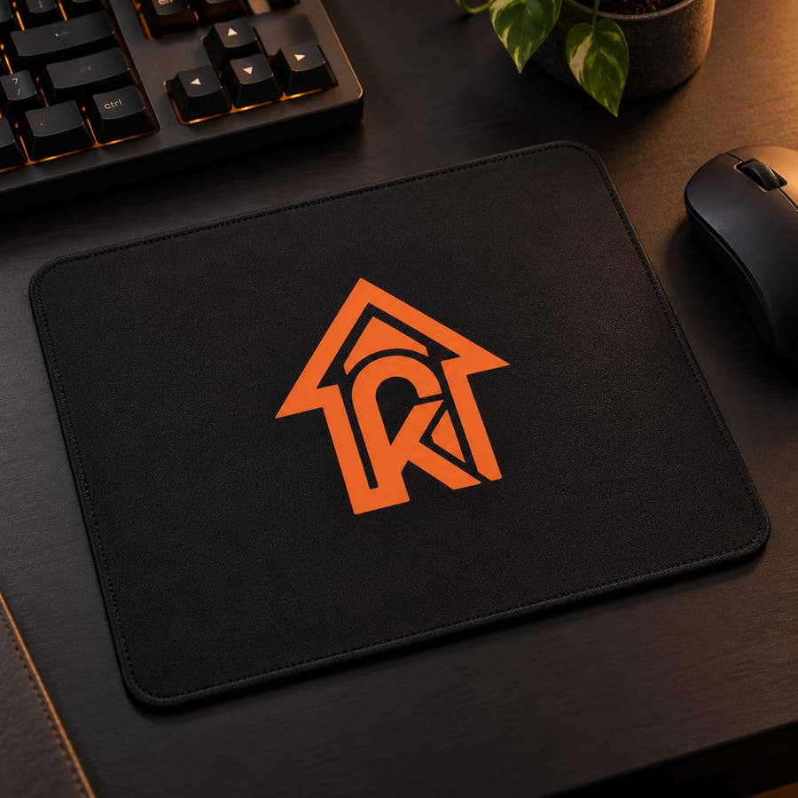 Mousepad negro con el logo de Kronven estampado en naranja