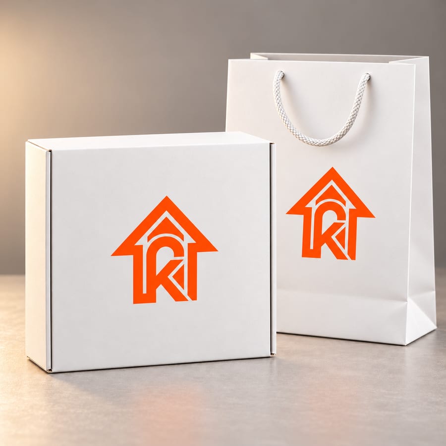 Caja y bolsa de packaging blancas con el logo de Kronven impreso