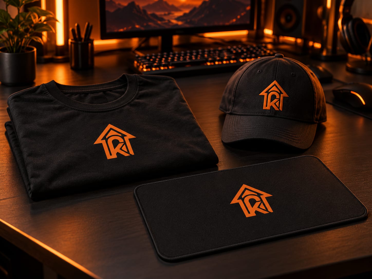 Remera, gorra y mousepad negros con el logo de Kronven estampado en naranja, sobre un escritorio