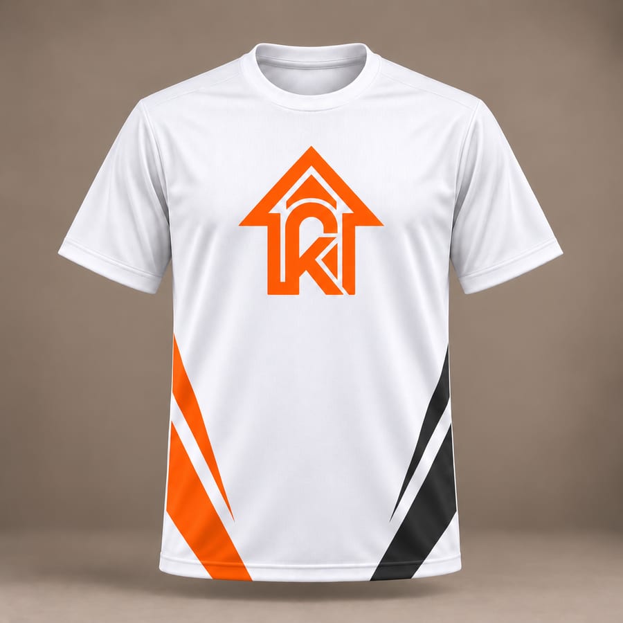 Remera deportiva blanca sublimada con el logo de Kronven y detalles naranjas