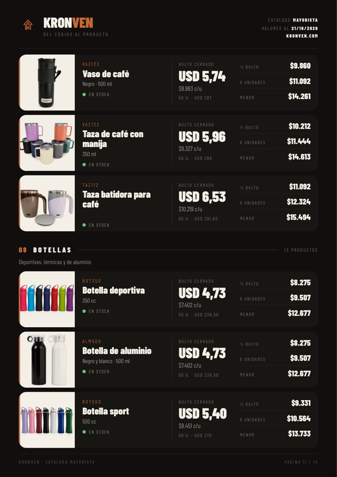 Catálogo mayorista, página 11: Tazas y botellas